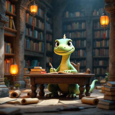 Primary subject: A green dinosaur sitting at a desk.

Setting/background: A room filled with books, creating a cozy and intellectual atmosphere.

Visual style: Digital art.

Colors and mood: The dominant colors are green and brown, creating a warm and inviting mood.